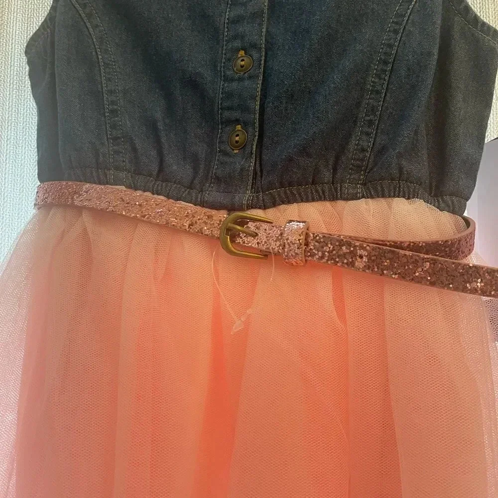 Zunie Kids' Dress size 4 Jean connected Top with Mesh Skirt & Pink Glitter Belt